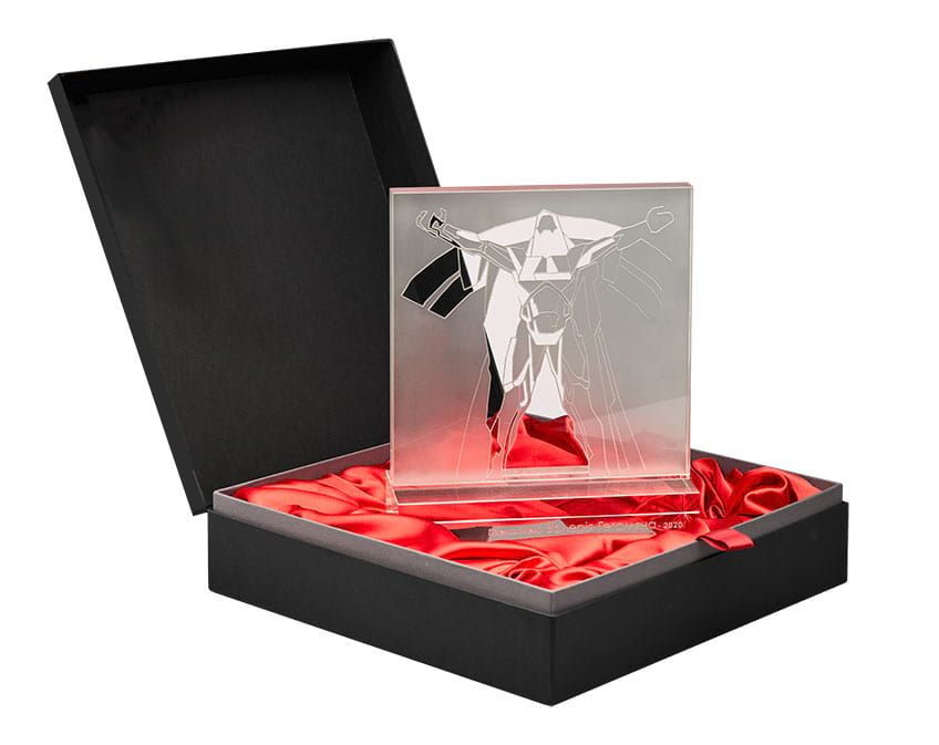 Statuette of the Valeriy Geghamyan Award 2020 in a case